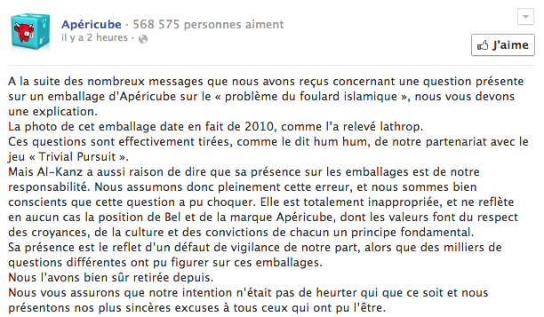 Apericube - réponse à propos du foulard islamique