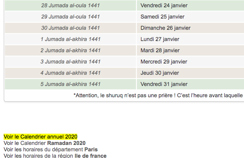 calendrier annuel horaire priere