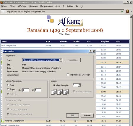 horaires du ramadan 1429 2008