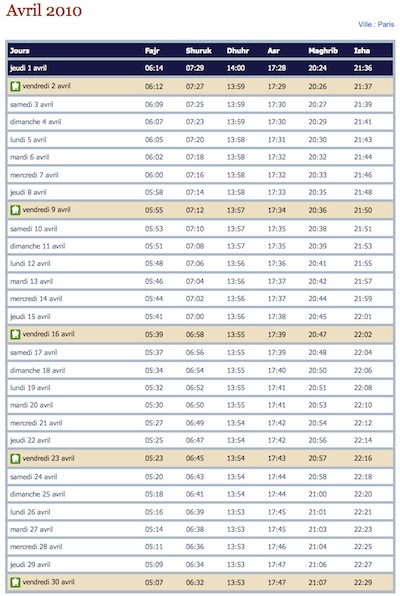 horaire de prières