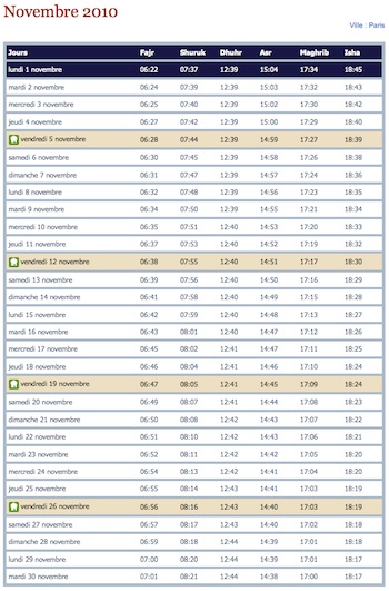 horaire de prières