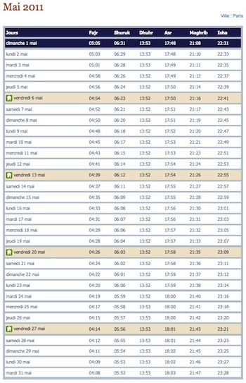 horaire de prières