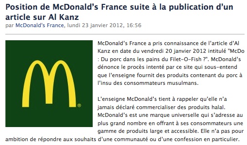 Droit de réponse de McDonald's  France