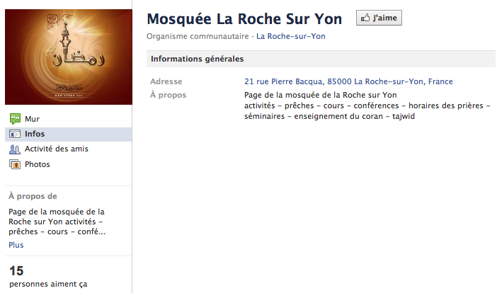 Mosquée de la Roche-sur-Yon - Page Facebook