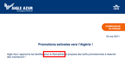 Ramadan en Algérie : Aigle Azur annonce ses prix