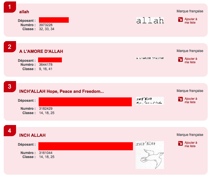 Inpi dépôt du nom Allah