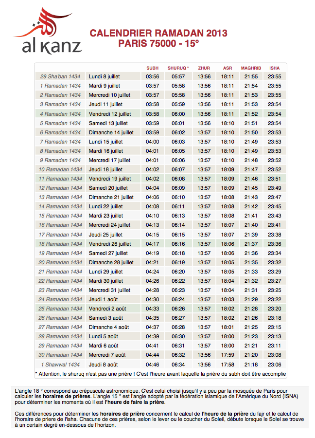 Téléchargez au format PDF le calendrier ramadan