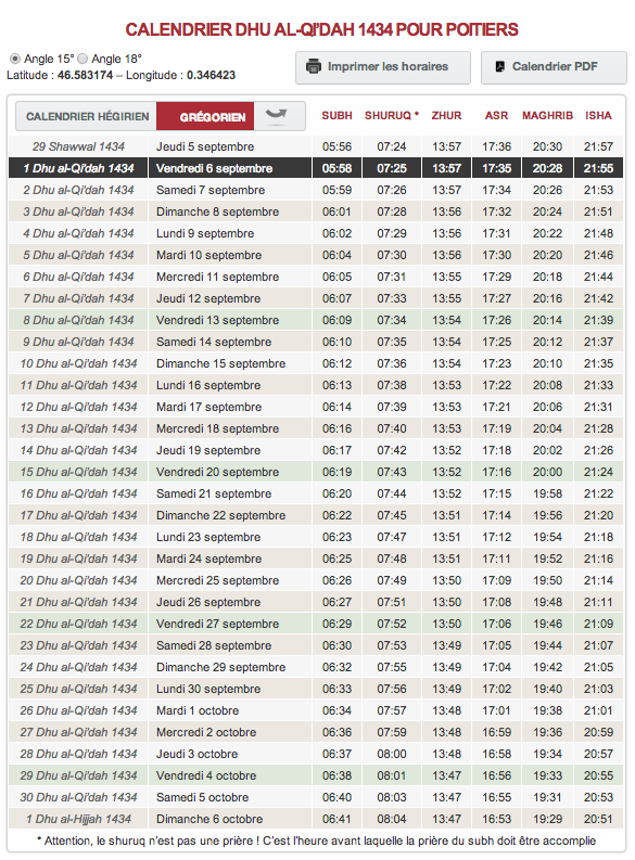 Horaire priere dul qi'dah