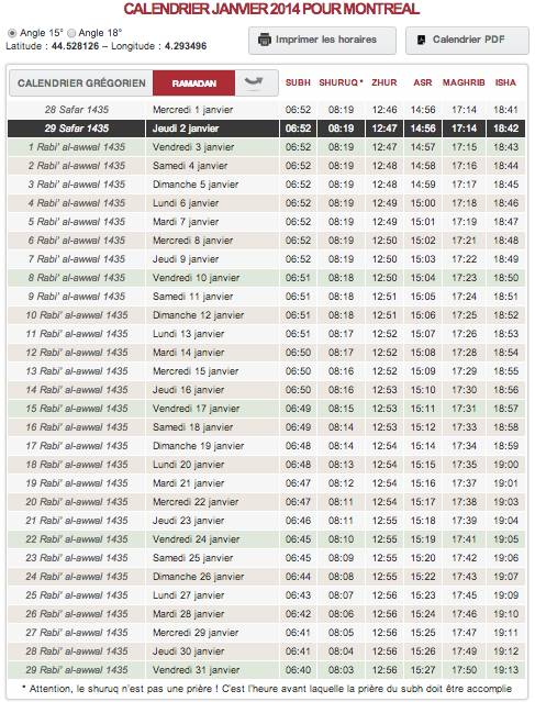 calendrier horaire priere montreal