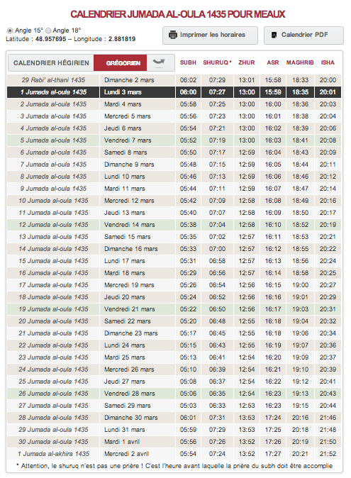 calendrier musulman 1435