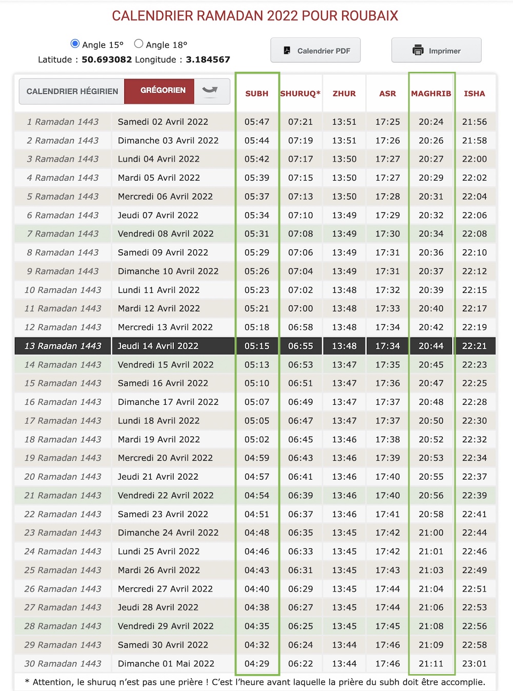 calendrier ramadan 2022 pour la ville de Roubaix