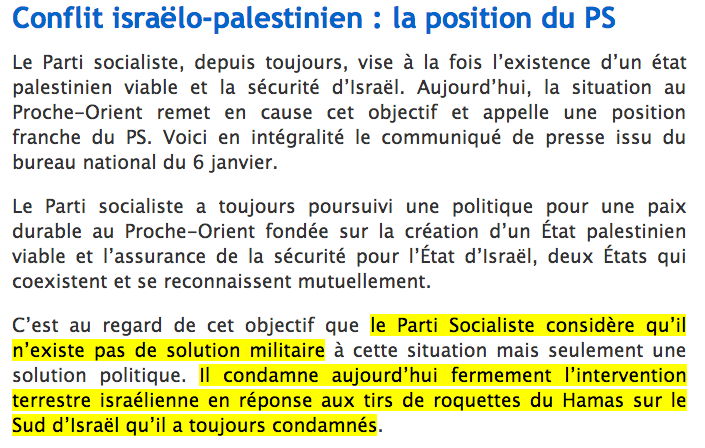 parti socialiste condamne israel