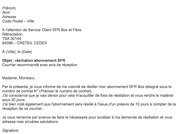 Courrier De Résiliation Sfr