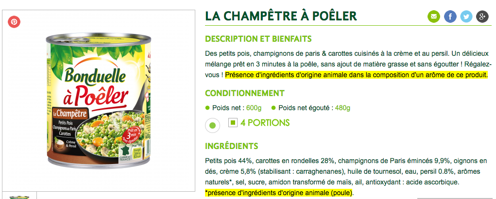 bonduelle arome origine animale legume