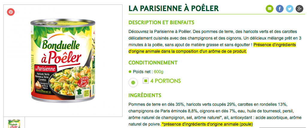 bonduelle arome origine animale