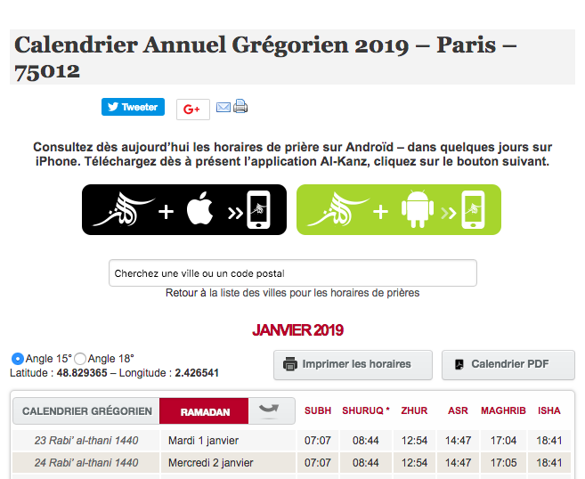 calendrier annuel horaire priere