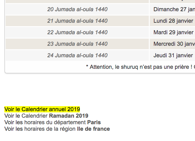 calendrier annuel horaire priere