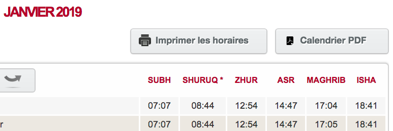 calendrier annuel horaire priere