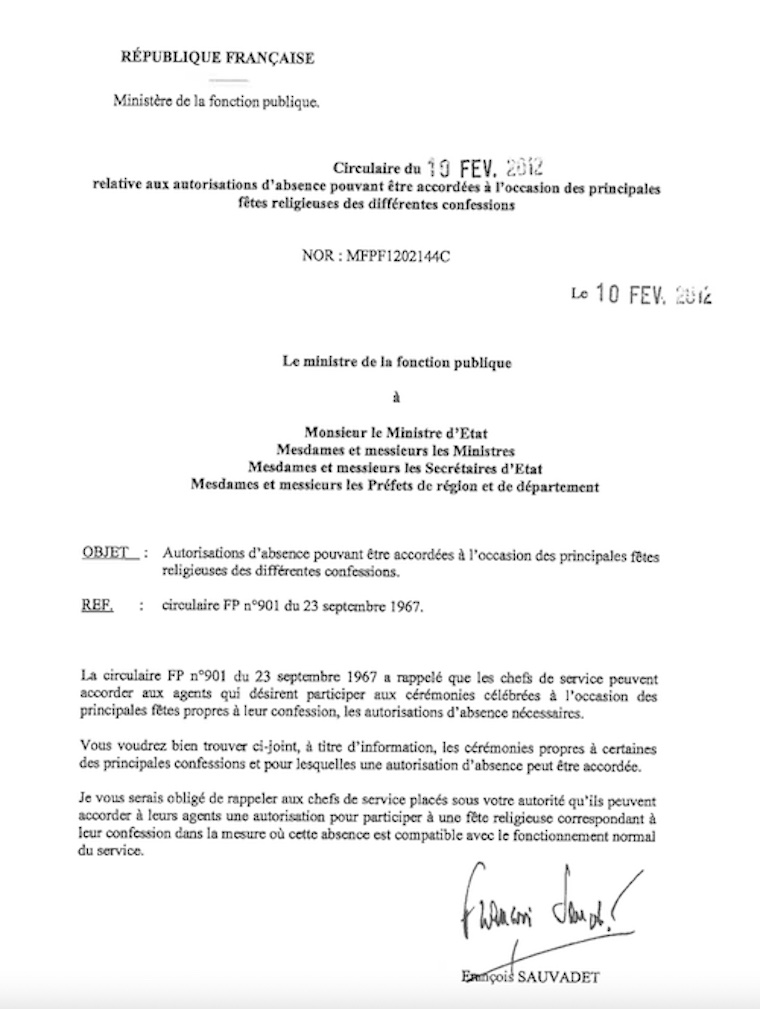 circulaire 10 février 2012 autorisation d'absence lors des fetes religieuses