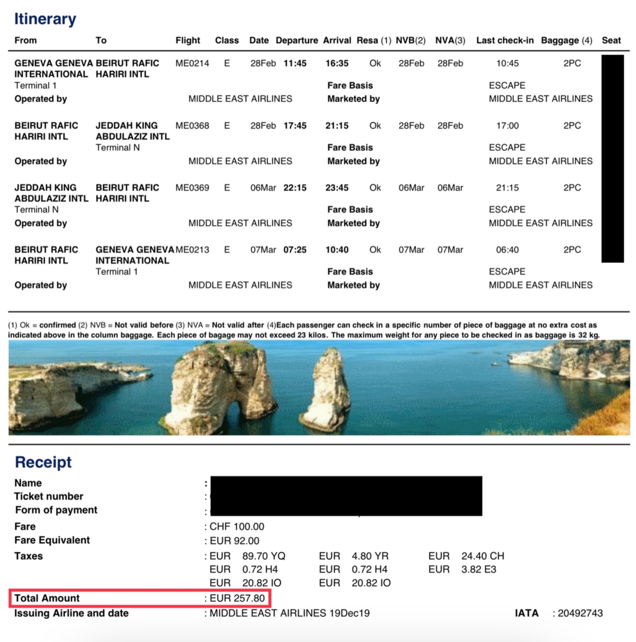 Tarif visa liban