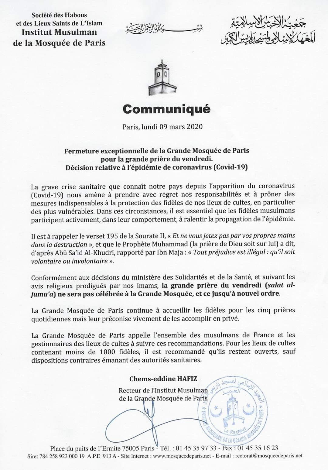 coronavirus mosquée de Paris