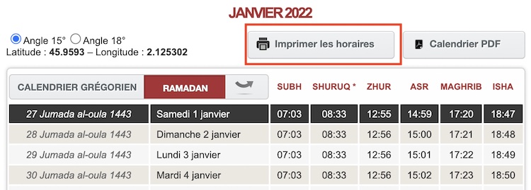 calendrier annuel horaire priere