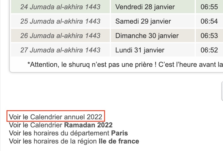 calendrier annuel horaire priere