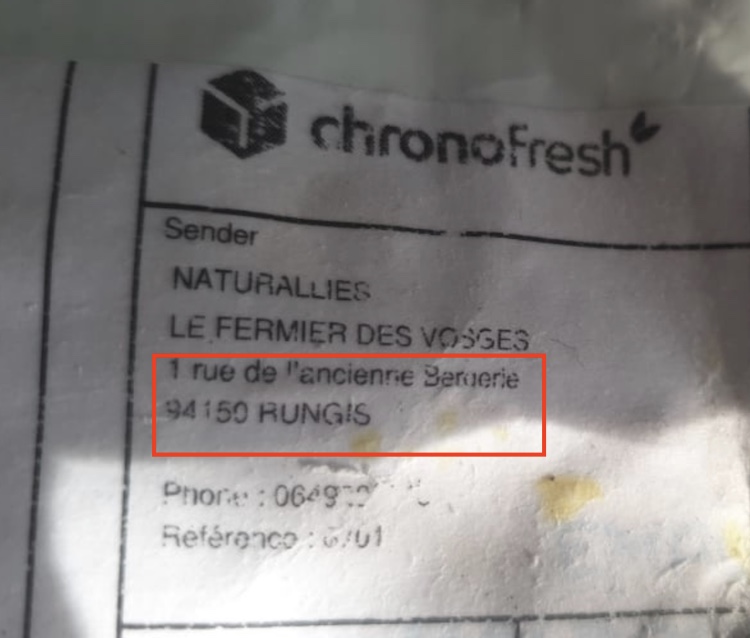 Etiquette d'un colis Chronofresh envoyé par Le Fermier des Vosges