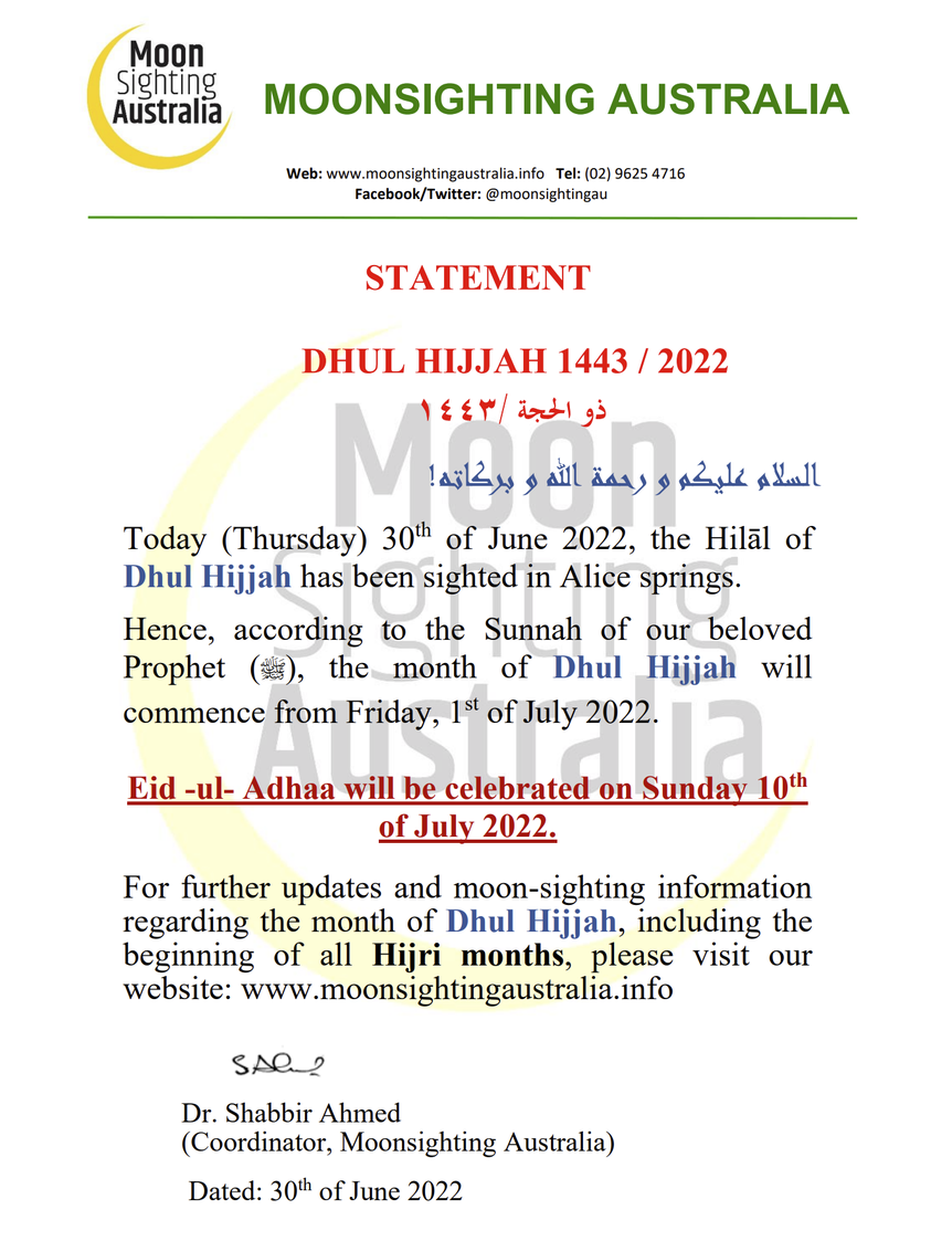 dhu al-hijja 1443 Australie