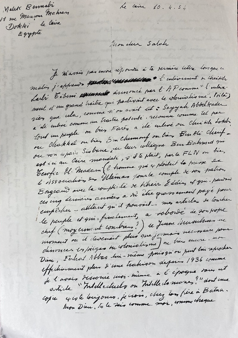 Lettre de Malek Bennabi 10 avril 1954