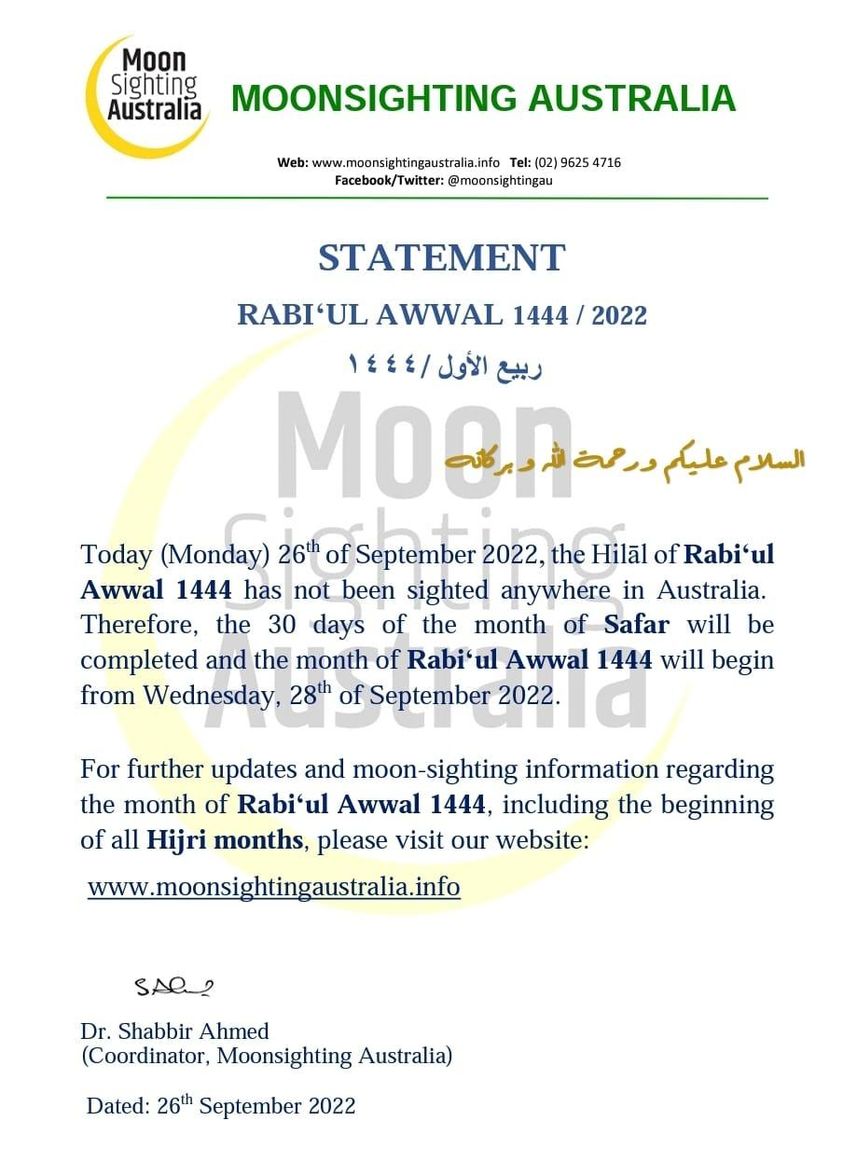 rabi' al-awwal 1444 Australie