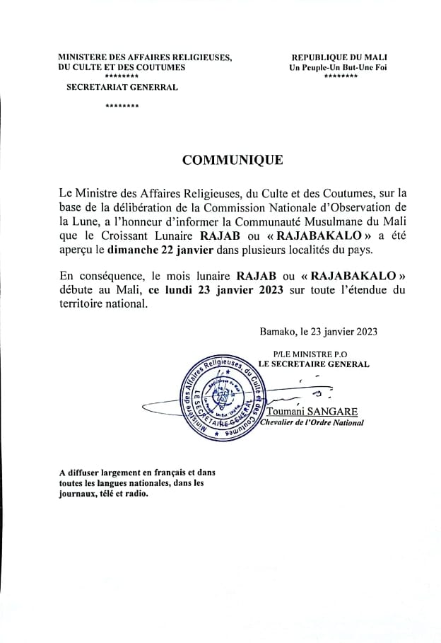 rajab 1444 Mali - calendrier musulman