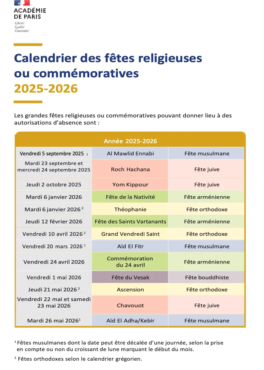 Liste des grandes fêtes religieuses ou commémoratives pouvant donner lieu à des demandes d'autorisation d'absence durant l'année scolaire 2025-2026. Liste des grandes fêtes religieuses ou commémoratives pouvant donner lieu à des demandes d'autorisation d'absence durant l'année scolaire 2025-2026.