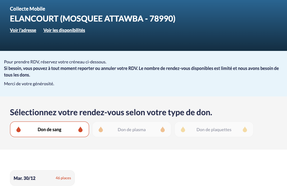 don du sang à la mosquée Attawba, Elancourt