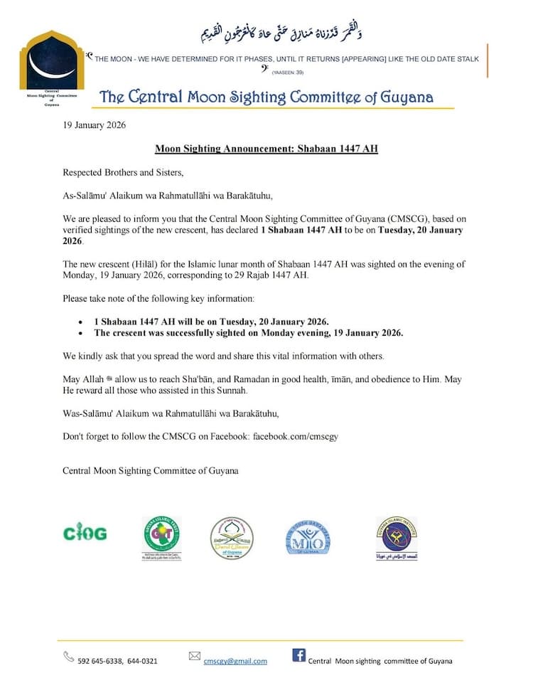 chaabane 2026 1447 Guyana - calendrier musulman