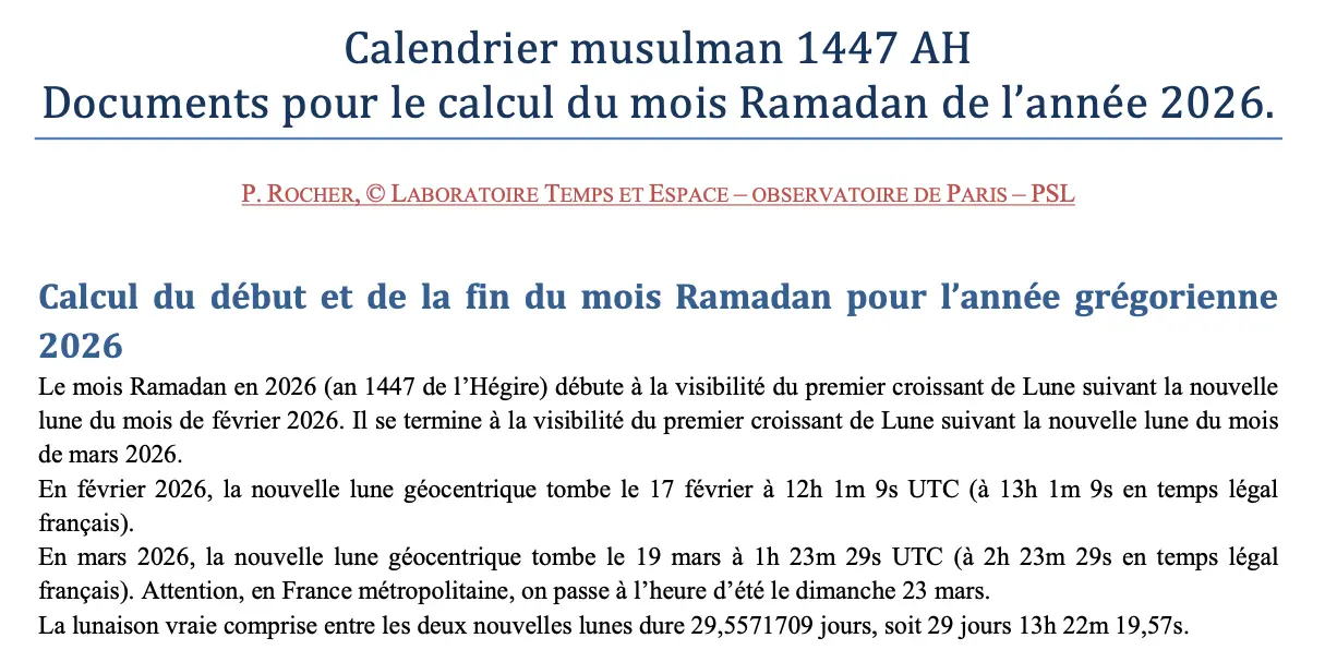 Calendrier musulman, calcul du mois de ramadan 2026 - 1447. Patrick Rocher, astronome de l’Observatoire de Paris Calendrier musulman, calcul du mois de ramadan 2026 - 1447. Patrick Rocher, astronome de l’Observatoire de Paris