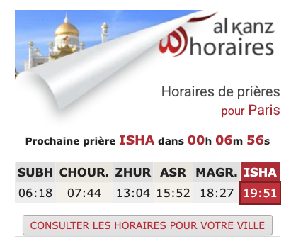 horaire de prière pour Paris - ramadan 2026 - 1447