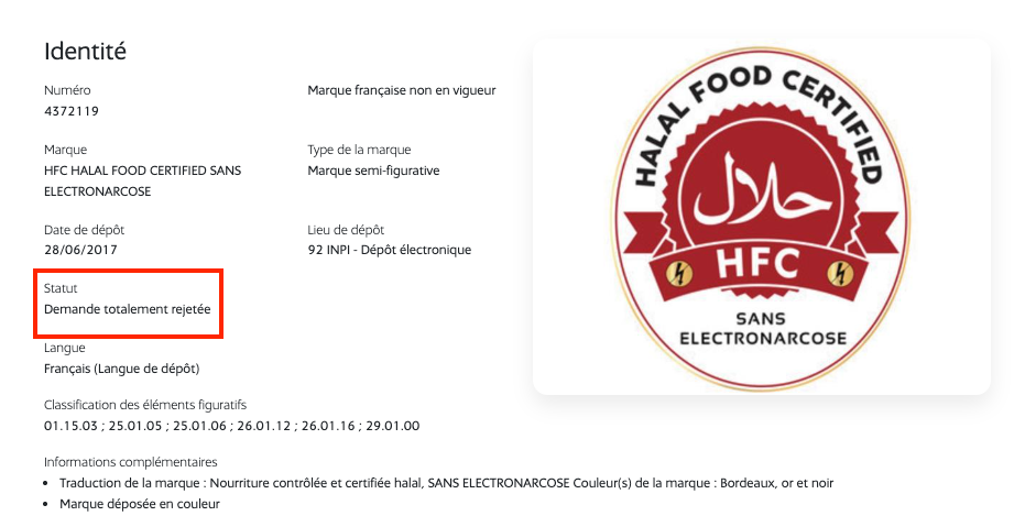 Marque HFC Halal Food Certified sans électronarcose rejetée par l’INPI