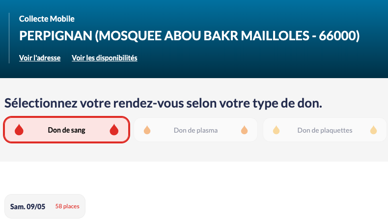 Don du sang à la mosquée Abou Bakr Mailloles, à Perpignan, samedi 9 mai 2026