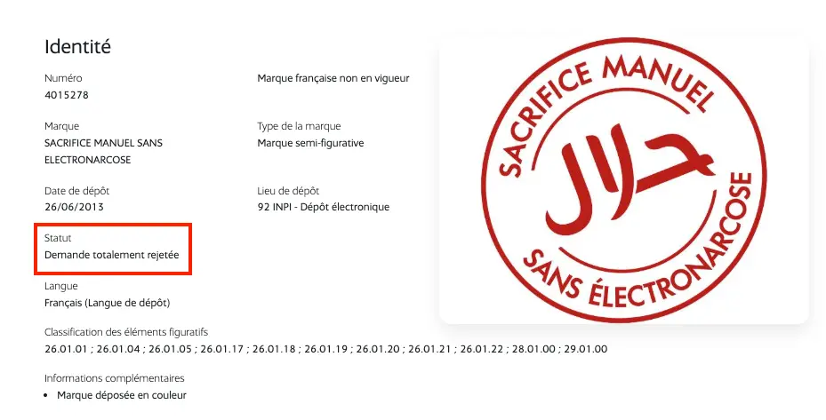 Marque Sacrifice manuel sans électronarcose rejetée par l’INPI