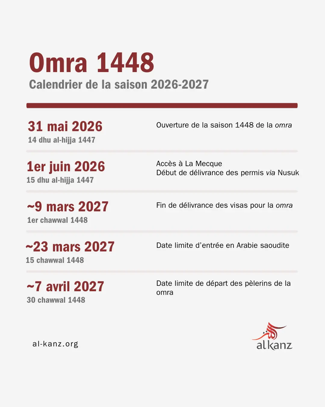Omra 1448 : calendrier de la saison 2026-2027 Omra 1448 : calendrier de la saison 2026-2027