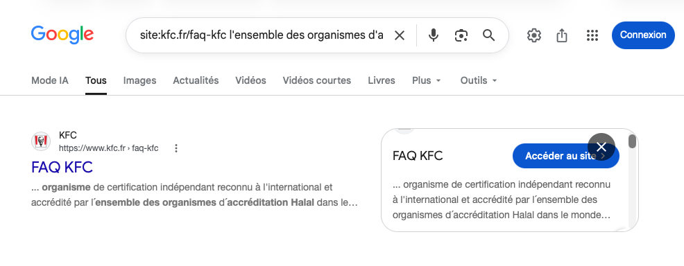 Ancienne formulation de la FAQ halal de KFC Résultat Google de la FAQ officielle de KFC France affichant l’ancienne formulation sur l’accréditation de son organisme certificateur