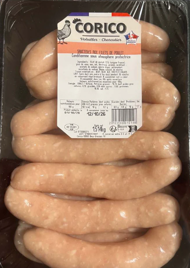Salmonelle - Saucisses aux filets de poulet Corico Salmonelle - Saucisses aux filets de poulet Corico