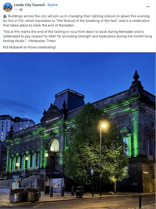 Les bâtiments municipaux illuminées en vert pour l'Aïd al-fitr et la fin du ramadan