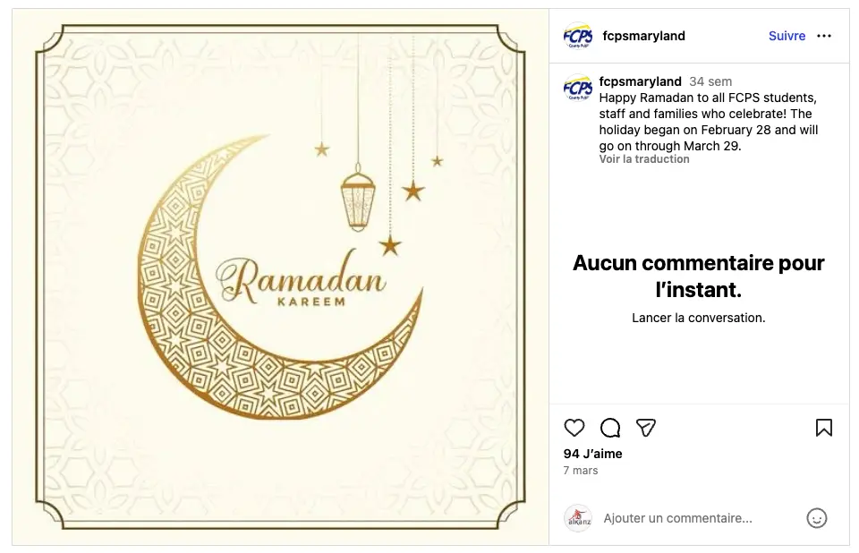 L’Aïd al-Fitr est férié écoles publiques du comté de Frederick, dans l'État du Maryland, aux Etats-Unis