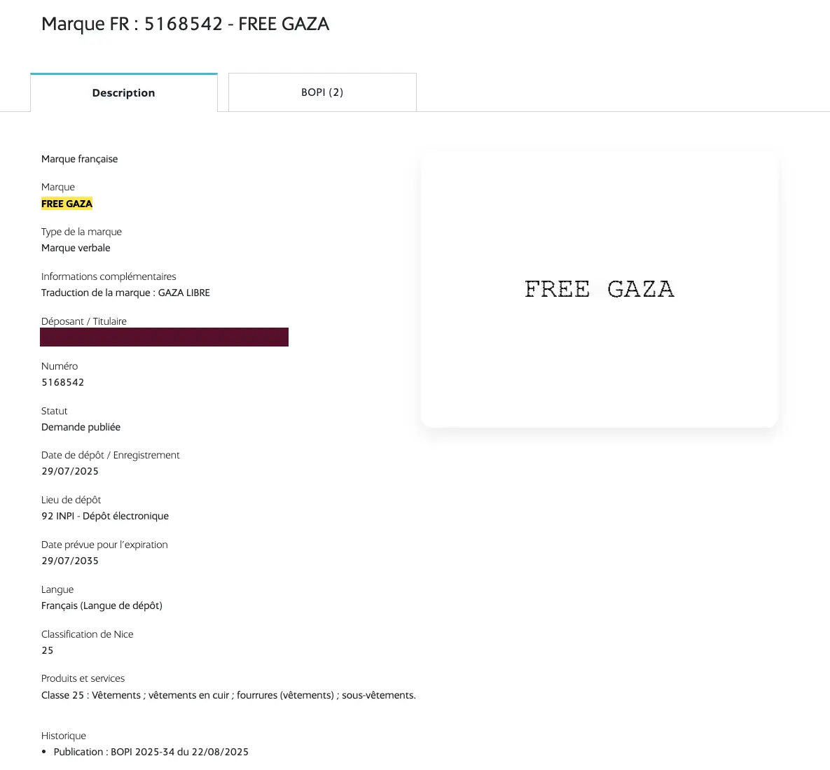 le slogan Free Gaza déposé à l'INPI le slogan Free Gaza déposé à l'INPI