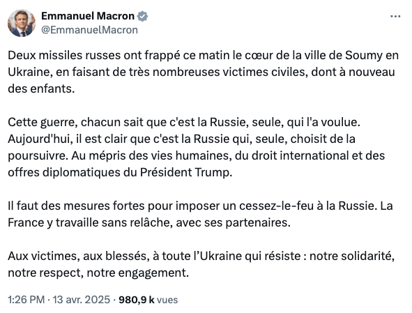 Le président Macron condamne des frappes russes en Ukraine, 13 avril 2025