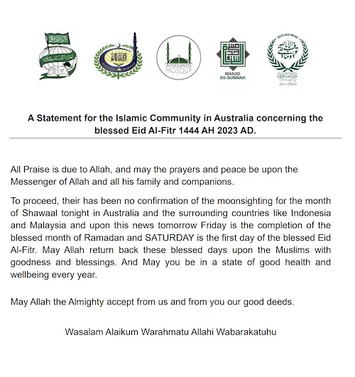 aïd al-fitr chawwal 2023 1444 Australie - calendrier musulman