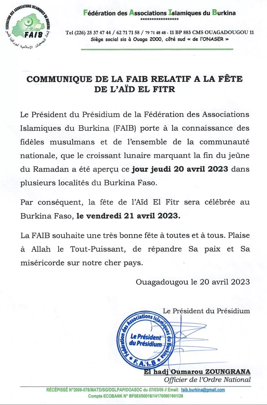 aïd al-fitr chawwal 2023 1444 Burkina Faso - calendrier musulman