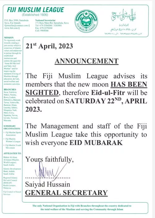 aïd al-fitr chawwal 2023 1444 Iles Fidji - calendrier musulman